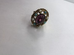Vintage Cocktail Ring Adjustable Purple oval cabochon rhinestone Faux Pearl Mod