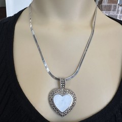 VTG Pendant Necklace 19 Inch Heart Love MOP Marcasite Italy 925 Sterling 19.9g