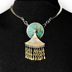 Kinetic Mexican Mid-Century Modernist Necklace Mixed Metals w/ Stone Inlay