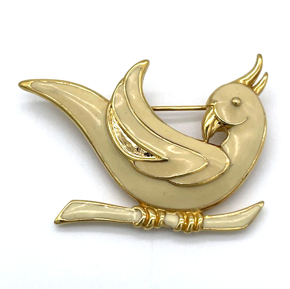 Monet Enamel Bird Beige and Gold Color 1.5 in x 1.13 in Beautiful Vintage