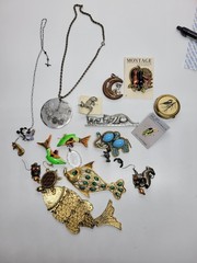 Vintage Animal Jewelry Lot Fish Cats Birds Enamel Disney Style Pendants Brooches