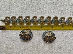 Vintage ArtDeco Bracelet & Clip Earrings Silvertone AB Rhinestones & faux Pearls