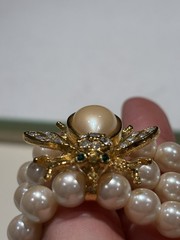 Vintage Joan Rivers Signed Faux Pearl Triple Strand Rhinestone Bee Bracelet #8