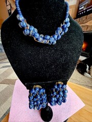 VINTAGE SET WEST GERMANY ART GLASS BLUE LAPIS WATERFALL EARRINGS NECKLACE