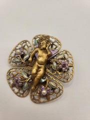 Sculptural Golden Cherub Cupid Angel Brooch Pin Multicolored Enamel Filigree