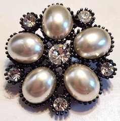 Vintage Bead Elegance Dark Metal Brooch With Faux Pearls & Clear Stones Jewelry