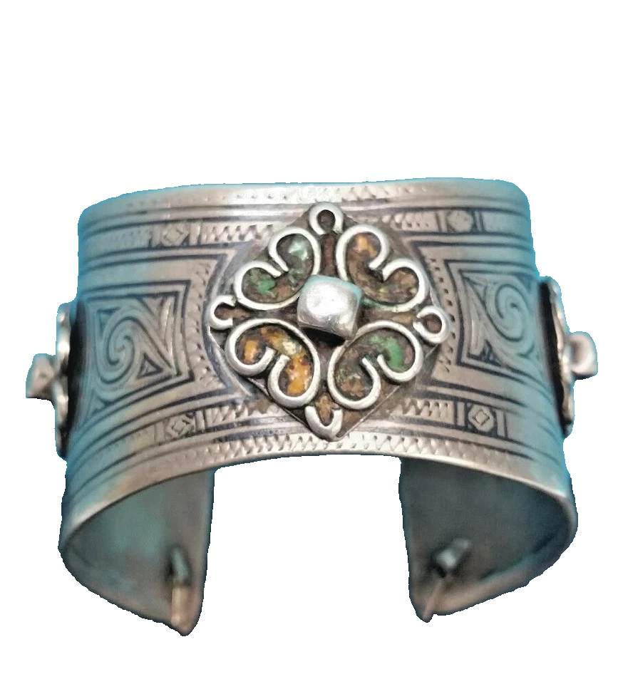 ANTIQUE STERLING SILVER HANDMADE CUFF BANGLE BRACELET WITH ENAMEL 51.5 Grams