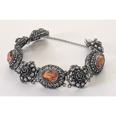 Antique PERUZZI Florence 800 Silver Ornate Rosette Faceted Citrine Link Bracelet