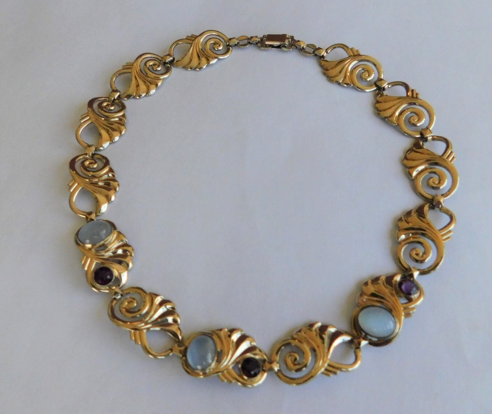 VTG NECKLACE ART NOUVEAU 14Kt/STERLING/SYMMETALIC AMETHYST AND MOONSTONE 16″ 40g