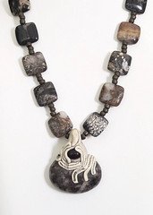 Vintage Tribal Gemstone And Polymer Clay Pendant Necklace Toggle Clasp 18″