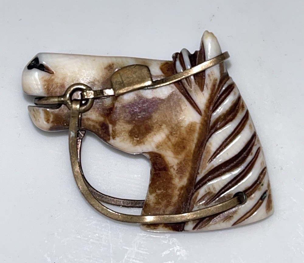 Vintage Horse Head Equestrian Pendant Carved Mother Of Pearl/Ivory/Elk Ant Brass