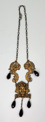 Green Man Art Nouveau Style Stamped Brass Necklace Jet Black Faceted Beads 18″