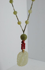 Vintage Carved Green Serpentine Necklace with Hand Tie Robe 26 in