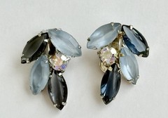 D&E Vintage Flower Corsage Ice Blue & Onyx Navette Brooch Pin & Clip-on Earrings