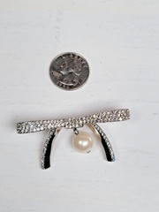Ann Taylor Rhinestone Bow Brooch Faux Pearl Silver Tone Pin 2.6″