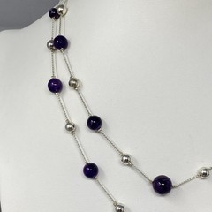 Amethyst Stone Beaded Necklace Silver Tone Chain Beads Double Strand Station 18″