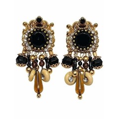 Vintage Gold-Tone Black & Amber Beaded Drop Earrings