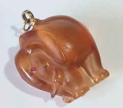 Vintage Translucent Peach-Orange Elephant Pendant w/ Pink Rhinestone Eyes 2″