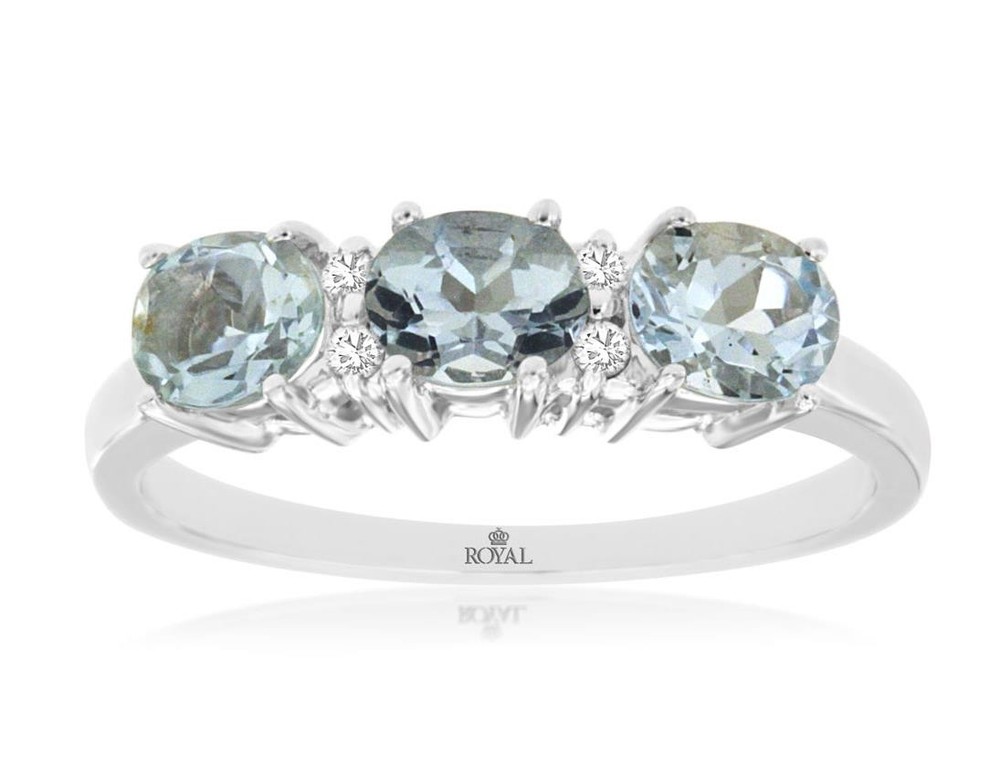 1.0CT DIAMOND & AAA AQUAMARINE 14KT WHITE GOLD 3D OVAL & ROUND ANNIVERSARY RING