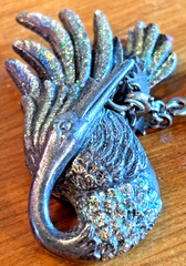 Rare Kirks Folly “Stork and Baby” Brooch Gunmetal AB Crystal Opalite Vintage