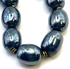 Vintage Iridescent Blue Peacock Glazed Ceramic Bead Necklace 100g 18”