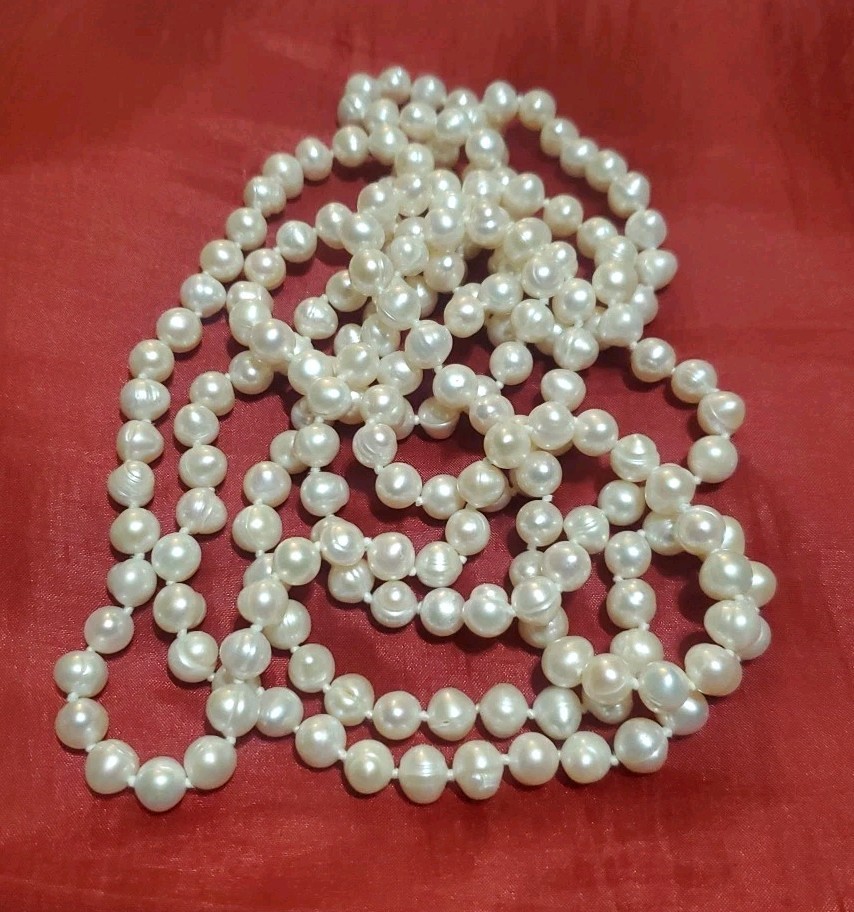 Vtg 64in Continuous Freshwater Pearl Necklace White Rope Strand Knotted 107g