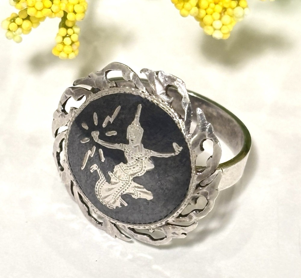 Antique 1940s Siam Niello Ware Sterling Silver 925 Goddess Band Ring Size 8.5