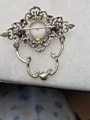 Vtg AJC silver tone filigree rhinestone faux pearl Pin