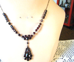 Antique Bohemian Garnet Necklace 14.5″ Choker Cluster Drop Pendant Low 8kt