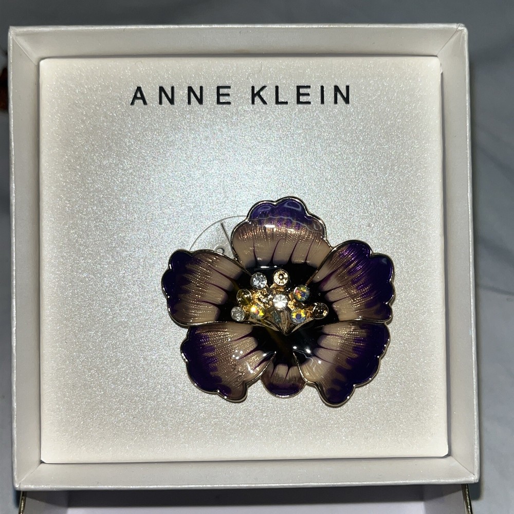 Vintage Signed Anna Klein Purple Enamel AB Rhinestone Flower Brooch Pin In Box