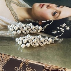Vintage Faux Pearl & Glass Rhinestone Ribbon Dangle Earrings – Silvertone – 2.5”