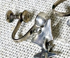 Taxco Silver Fish Dangle Earrings signed IP with Eagle Modernist Screw Back