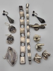 Rare Antique 1940s Siam Sterling Silver Niello Jewelry His And Hers Complete Set
