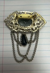 Vintage Filigree Brooch w/ Black Center Faux Stone & Chain Dangle