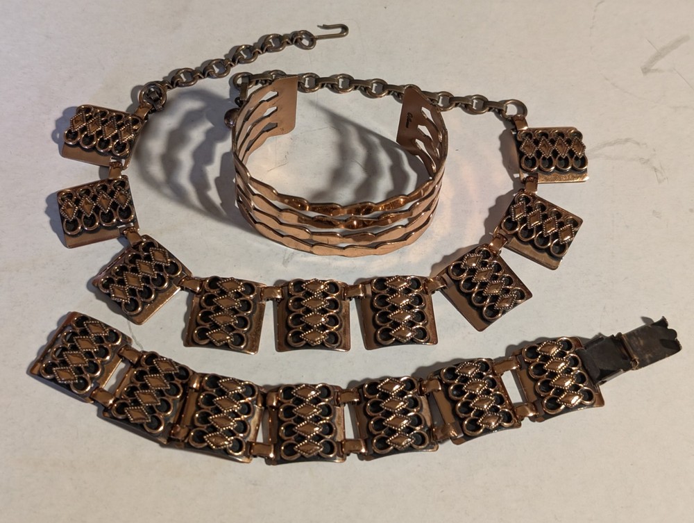 Vintage Copper Renoir Cuff Bracelet With Copper Necklace And Bracelet Set Lot!