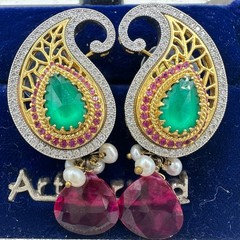 Indian Bridal gold kundan real ruby pearls cubic zirconia green glass earrings