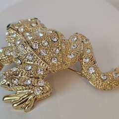 Vintage Frog Brooch Gold Tone Rhinestones Huge Statement Pin Green Eyes 3.5 In.