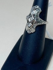 Stunning 3 Diamond Filigree Antique Art Deco Size 6.25 in White Gold
