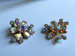Weiss Aurora Borealis Earrings Prong Set Crystal Vintage Clip On Pair