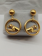 Vintage 80s Jackie Collins Gold Tone Green Eyes Panther Drop Pierced Earrings