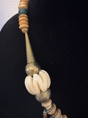 Vintage Stone Wood & Metal Beaded Necklace. Ethnic Art Design Hook Closure 23”