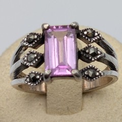 Vintage 925 Sterling Silver Pink Topaz Emerald Cut Marcasite Ring Size 7.5 4.8g