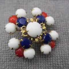 Vintage Milk Glass Brooch Patriotic Red White Blue Prong Set Gold Tone