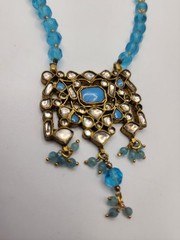 Vintage Style Jadau Kundan Pendant Sky Blue Beaded Festival Choker Necklace