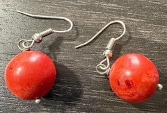 SET of Polished Red Apple Sponge Coral Beaded 26″ Necklace, Bracelet, Earrings