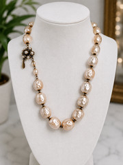 Miriam Haskell statement necklace featuring oversized faux baroque pearls.