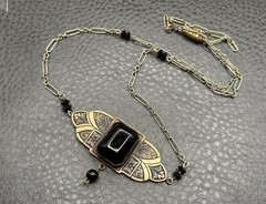 Vintage Art Deco Gold Tone Black Glass Pendant Necklace Chain 20”