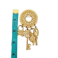 Casual Corner Round Medallion Key Lock Shield Charm Dangle Brooch, Signed L390