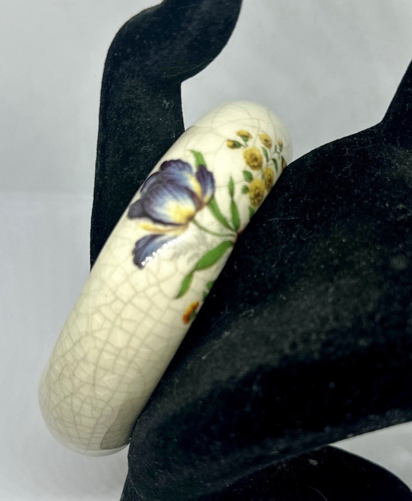 Vintage Porcelain Ceramic Bangle Bracelet Crackle Hand Painted Floral Design