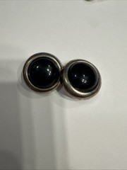 Vintage Sherman Black Cabochon Clip On Earrings Signed Cursive S Canada MCM